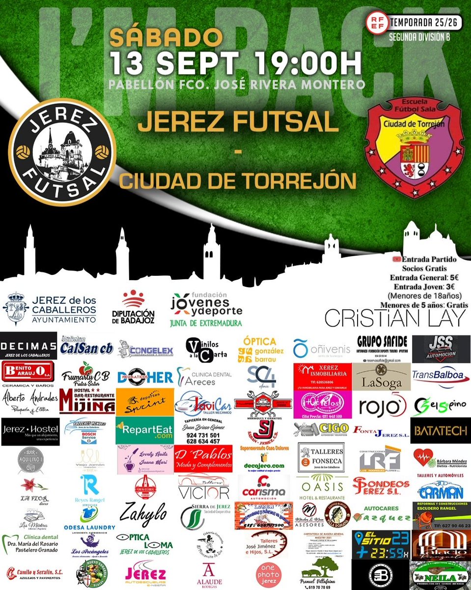 🏆𝐒𝐞𝐠𝐮𝐧𝐝𝐚 𝐃𝐢𝐯𝐢𝐬𝐢𝐨́𝐧 𝐁
1️⃣ Jornada 
#Jerezfutsal
🆚 
Efs Ciudad de Torrejón
🏟️ Pabellón Fco José Rivera 
📅 Sábado 13 Septiembre
⌚️19:00 horas

⚽ ¡𝗝𝗨𝗡𝗧𝗢𝗦 𝗘𝗡 𝟮𝐚𝗕!💚🫶

📲 #Im_back2ªB
💪 #TuEntregaMiPasion
🔗 #JerezFutSal 💚