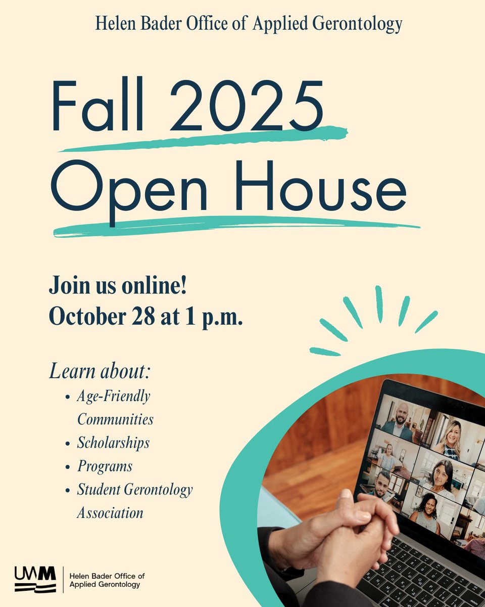 📆 Mark your calendar! The Office of Applied Gerontology is hosting a virtual open house Oct. 28 at 1 p.m.   

Learn about:  
✨ Age-friendly communities 
✨ Scholarships
✨ Academic programs
✨ The Student Gerontology Association    

📌 Details to come. We hope you join us!