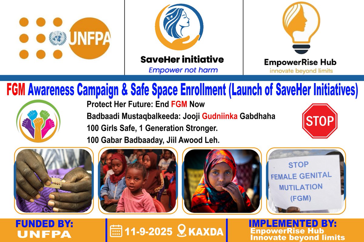 EmpowerRisehub's tweet photo. 100 gabdhood oo khatar ku jiray gudniinka ayaa lagu daray SaveHer. Waalidiin ayaa ballanqaaday inay ilaaliyaan.
100 Gabar Badbaaday = Jiil Awood Leh.
#SaveHer #BadbaadiAayada #JoojiGudniinka  @GConway_UN @GPtoEndFGM @UNFPA_SOMALIA https://t.co/2OiXnf4BhK
