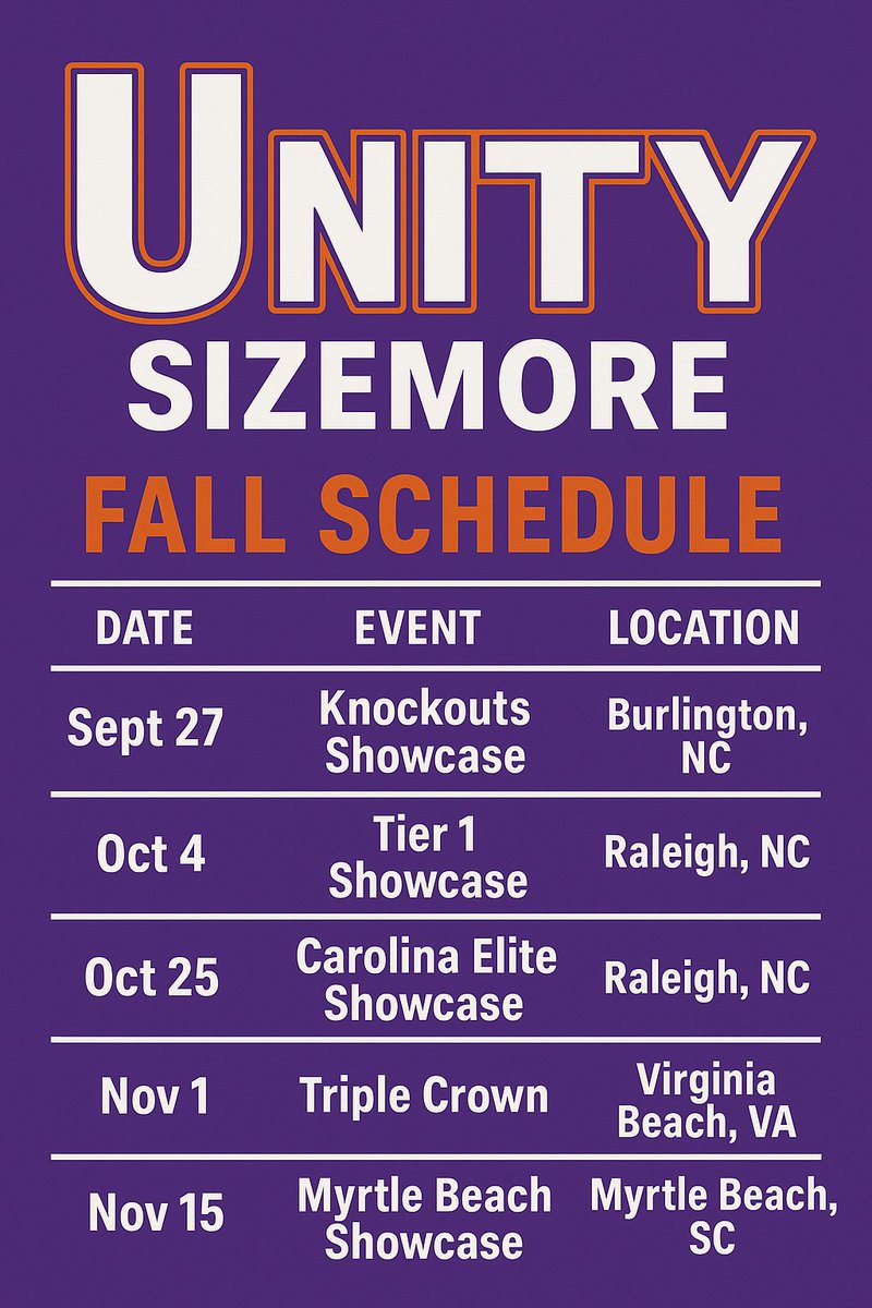 UnitySizemore's tweet image. 🥎💜🧡 Unity Sizemore is ready to roll this fall! Come see how these girls play – fast, fierce & united. 💪
📍 Burlington | Raleigh | Virginia Beach | Myrtle Beach
📅 Sept–Nov
Let’s go UNITY! 🔥 #UnitySoftball #UnitySizemore @VAUnitySB @UnityCoachJosh