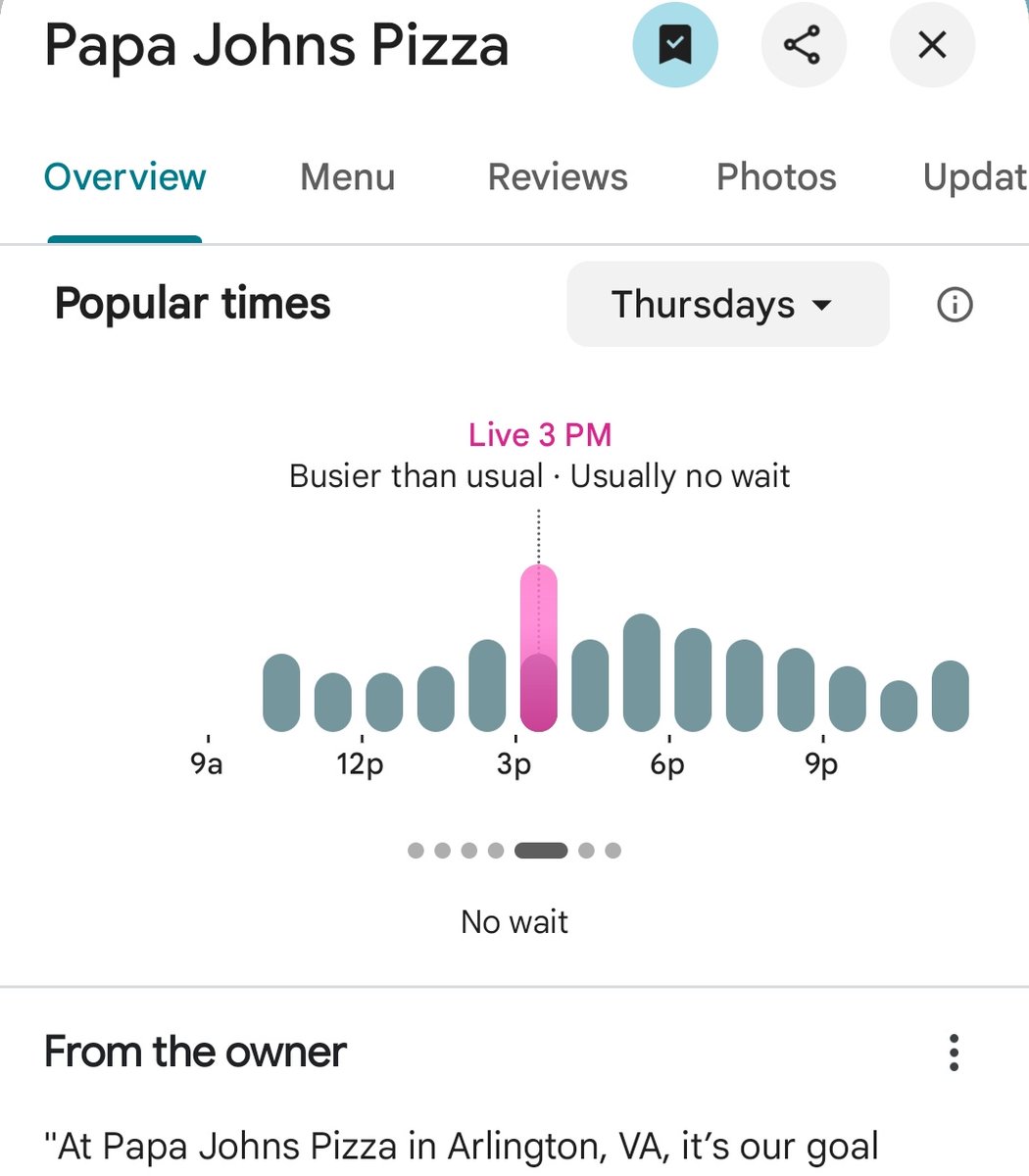 PenPizzaReport's tweet photo. Various pizzerias nearby the Pentagon are reporting above average traffic 

As of 3:28pm ET https://t.co/P5cyJjWPAb