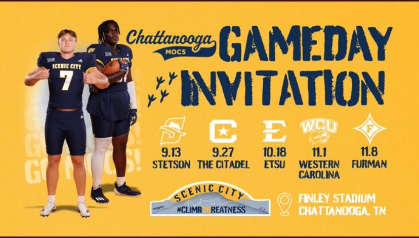 I will be in Chattanooga this Saturday!!!can’t wait to witness the atmosphere.
<a href="/AndrewBementUTC/">Andrew Bement</a> <a href="/GoMocsFB/">Chattanooga Football</a> <a href="/OnTopAthletics/">OnTopAthletics Inc📚🏈⚾️</a> <a href="/PurpleTigersFB/">WatertownFB official</a> <a href="/CoachSpringtym/">Heath E. Springer</a> <a href="/MISTA_10/">Souff_Range 🏈⚾️🥋📊</a> <a href="/CSmithScout/">Chris Smith</a> <a href="/GavinWebst17023/">Gavin Webster</a>