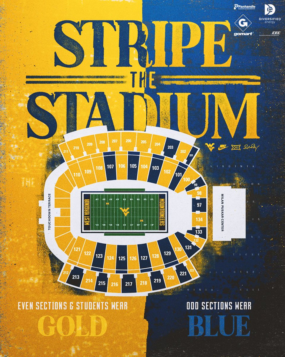 𝓢𝓽𝓻𝓲𝓹𝓮 𝓽𝓱𝓮 𝓢𝓽𝓪𝓭𝓲𝓾𝓶 🟡🔵

▪️ ALL students + even sections wear GOLD
▪️ Odd sections wear BLUE

Find your section color 💺 wvusports.com/stripethestadi…