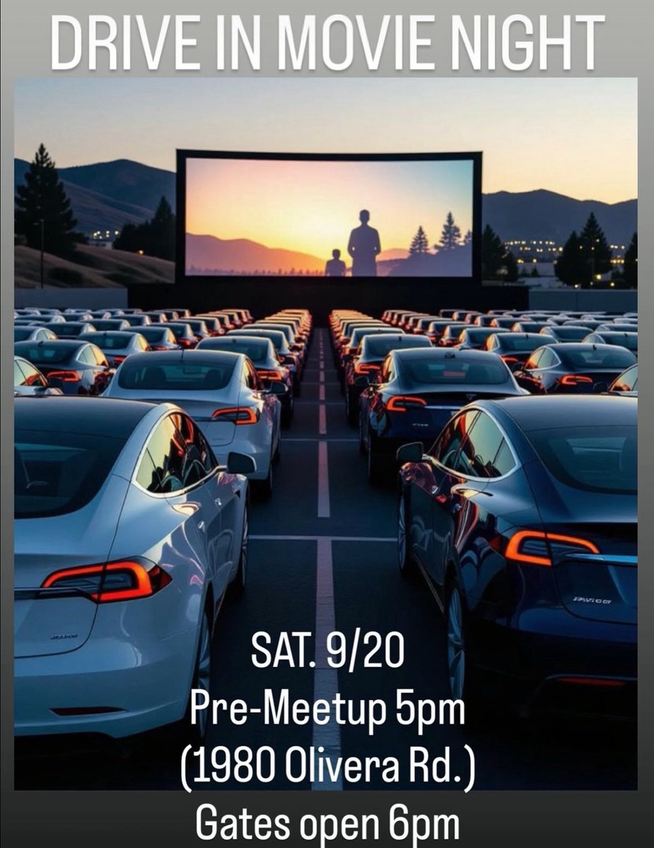 Drive In Movie Night
West Wind Solano Drive In 
1611 Solano Way, Concord, CA 94520
Saturday September 20, 2025 6pm

Pre-Movie Meetup 5pm
1980 Olivera Rd. Concord, CA 94520 

Join us as we hit the drive in movies for a great end of summer meetup. Bring the whole family or come