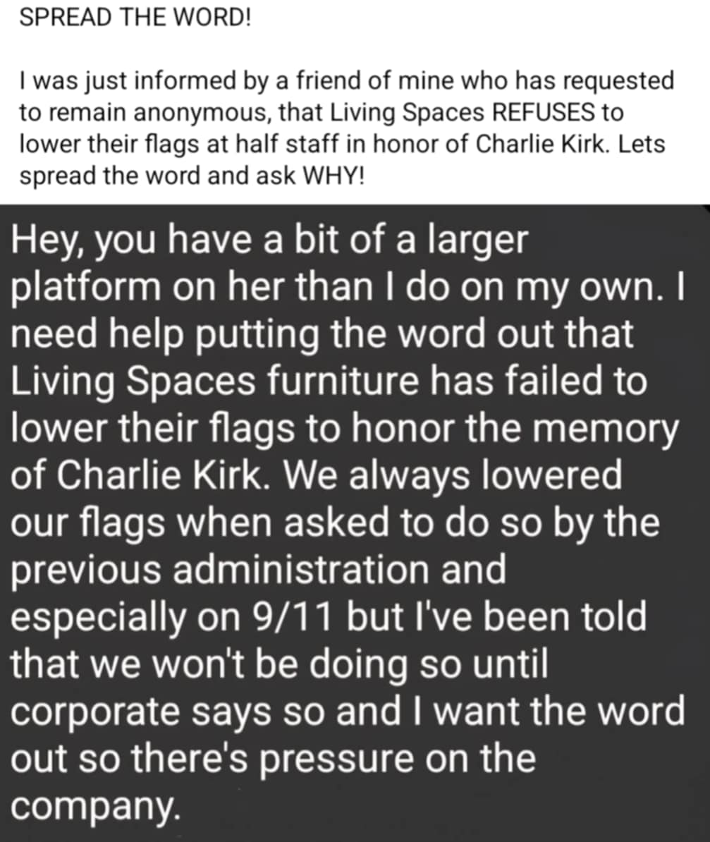 RockerChick2318's tweet photo. Whats going on @LivingSpaces
????

#CharlieKirk #Justice #LivingSpaces https://t.co/9H9ZeK7P32