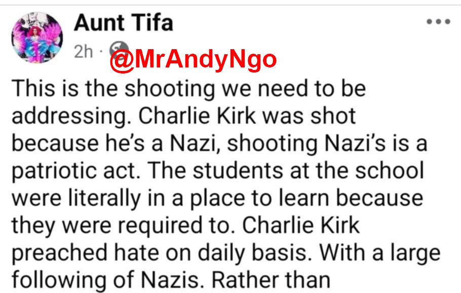 Andy Ngo (@mrandyngo) on Twitter photo A Trantifa teacher at Lakevue Elementary School in the Vallivue School District <a href="/Vallivue_SD/">Vallivue School District</a> in Caldwell, Idaho has been allowed to resign after he celebrated the killing of Charlie Kirk. Tyler Johnson uses the trans name Phoenix Davaroux and performs in drag as "Aunt Tifa" A Trantifa teacher at Lakevue Elementary School in the Vallivue School District <a href="/Vallivue_SD/">Vallivue School District</a> in Caldwell, Idaho has been allowed to resign after he celebrated the killing of Charlie Kirk. Tyler Johnson uses the trans name Phoenix Davaroux and performs in drag as "Aunt Tifa"