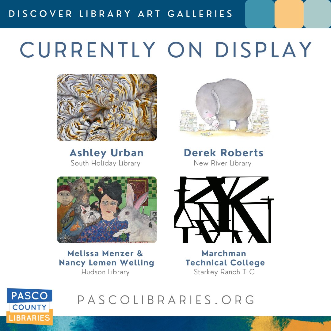PascoLibraries's tweet image. NOW ON DISPLAY – Explore a dynamic range of artwork from local artists at hosted galleries located at Starkey Ranch TLC, Hudson, New River and South Holiday Libraries.

Learn more about our galleries and September/October’s featured artists at bit.ly/PCLSArtGalleri….