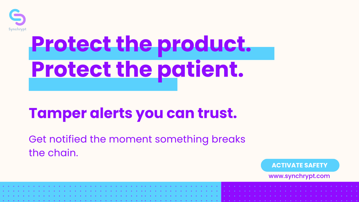 Synchrypt's tweet image. Medicine security isn’t optional. 

It starts at the seal—and ends with certainty.

#TamperProof #DrugIntegrity #ChainOfCustody #RealTimeAlerts #Synchrypt