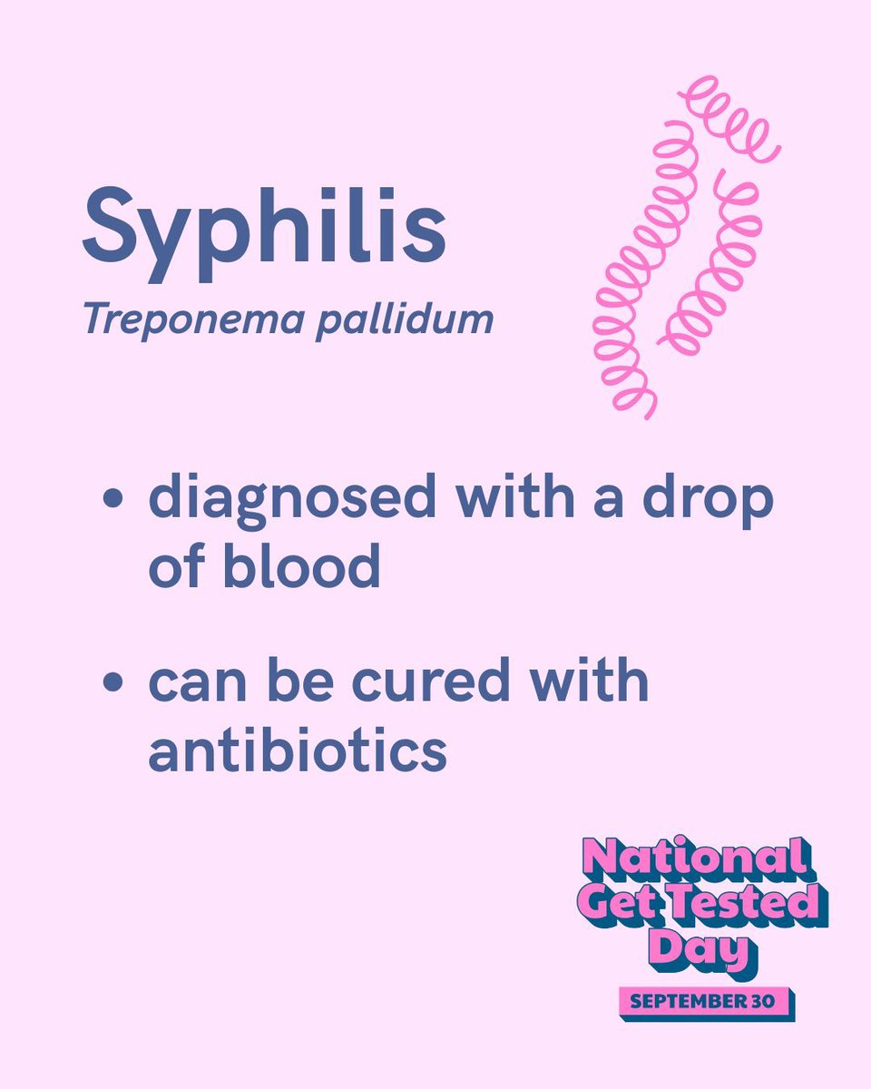bacterial STIs 🦠 : the big three are chlamydia, gonorrhea, and syphilis 
(they are all curable!) 
Learn more at buff.ly/t05wblz 
#NGTD25 #NationalGetTestedDay #NGTD #STIprevention #STItest #TalkTestTreat #SaferSex #ASHA #STItesting #STIawareness #GetTested