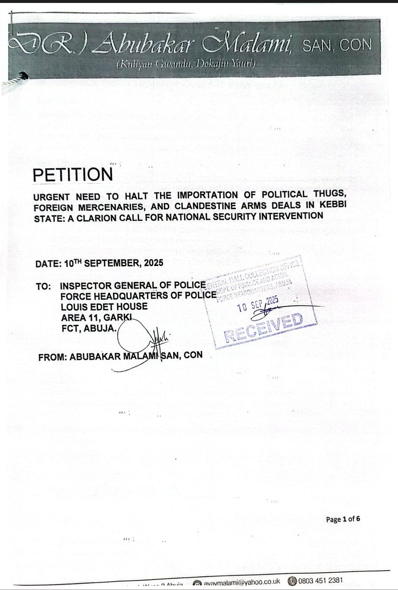 Malami Petitioned, NSA, IGP, DSS, Other Security Chiefs Over Alleged Importation Of Thugs, Foreign Mercenaries Into Kebbi