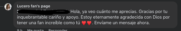ATENCION

Recuerden que Lucero tiene su cuenta verificada y que su único medio de comunicación con sus fans son por sus RS verificadas y su canal de difusión en instagram.

AYUDANOS A REPORTAR LA CUENTA ⬇️
facebook.com/profile.php?id…
