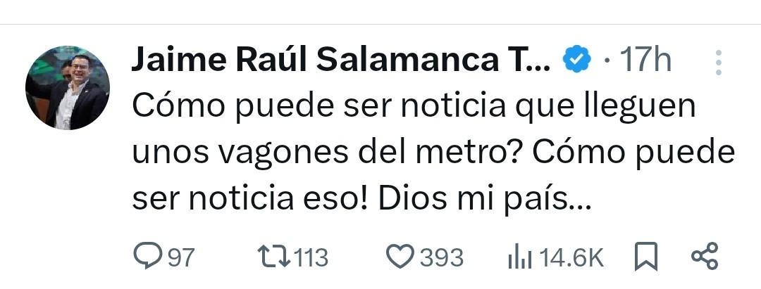 Luis Jorge Hernández F. (@ljhernandezf) on Twitter photo Claro que es noticia y muy buena noticia. La  llegada de los vagones del metro tiene un valor simbólico de logro por muchos años postergado, qué no vieron nuestros abuelos y nuestros padres. No es parroquialismo ni inmadurez , es la sensibilidad de la ciudadanía cuando ya ve Claro que es noticia y muy buena noticia. La  llegada de los vagones del metro tiene un valor simbólico de logro por muchos años postergado, qué no vieron nuestros abuelos y nuestros padres. No es parroquialismo ni inmadurez , es la sensibilidad de la ciudadanía cuando ya ve