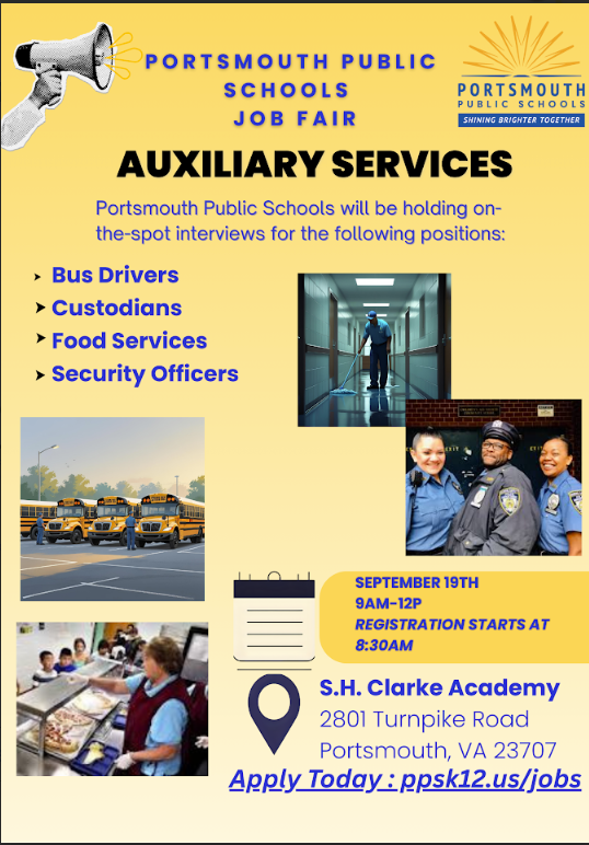 Portsmouth Public Schools is hosting an Auxiliary Services Job Fair! Be part of a team that’s shining brighter together! 📷ppsk12.us/jobs #PPSShines #cpisthoroughbreds