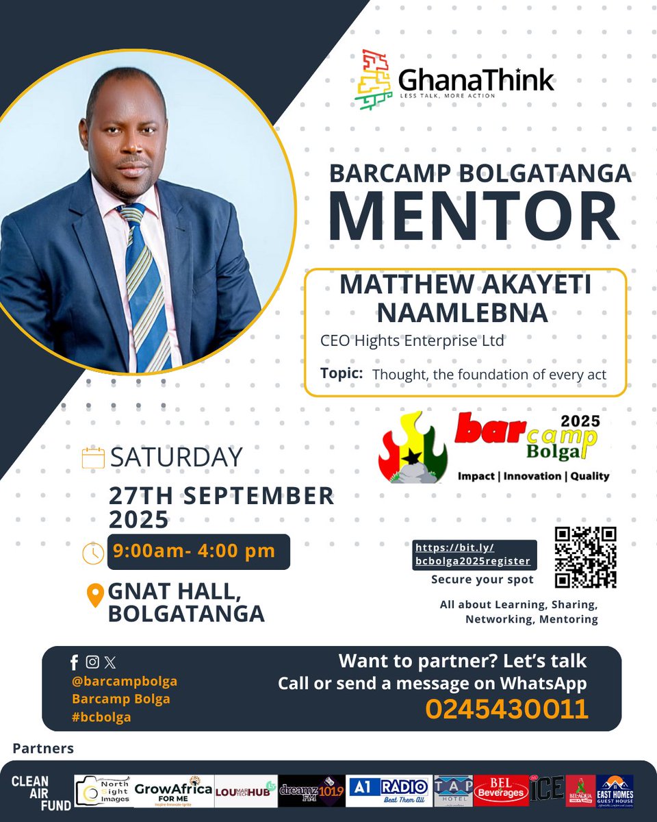 Join #BarcampBolga on September 27 at GNAT Hall in #Bolgatanga: #networking  & #mentoring. Register: https://t.co/iDmrIbhwQC #bcbolga mentor: Matthew  Akayeti Naamlebna | CEO #HeightsEnterprise | Thought, the foundation of  every act cc @kwasi_ahumah @
