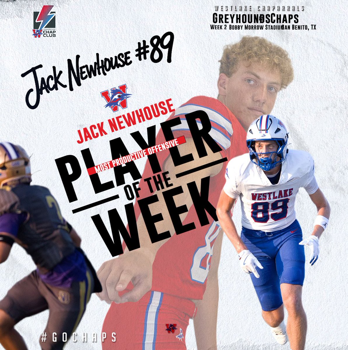 Westlake_Nation's tweet image. Jack Newhouse caught all six passes fired his way for 88-yards in the 66-0 win over San Benito. Jack averaged 14.7-yards per catch and his downfield blocks helped with big plays in the run game. Newhouse is the Most Productive Offensive Player of the Week. #GoChaps