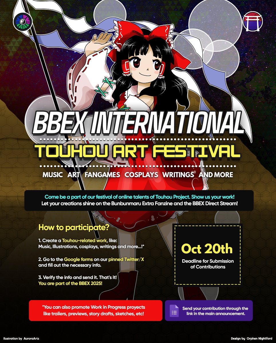 ¡BBEX International 2025!
Join the Festival, Submissions are Open!

We're an International online event dedicated to share the talents of the Touhou fandom!

Solo, Teams, Communities, everyone is welcome with open arms! To join, fill the Google Form below!
forms.gle/mPeiiTkGySZDrZ…