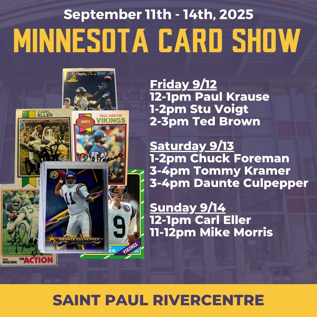 Join me and other vikings legends this weekend at the MN card show! Skol! Tix and info here paulkrause22.com