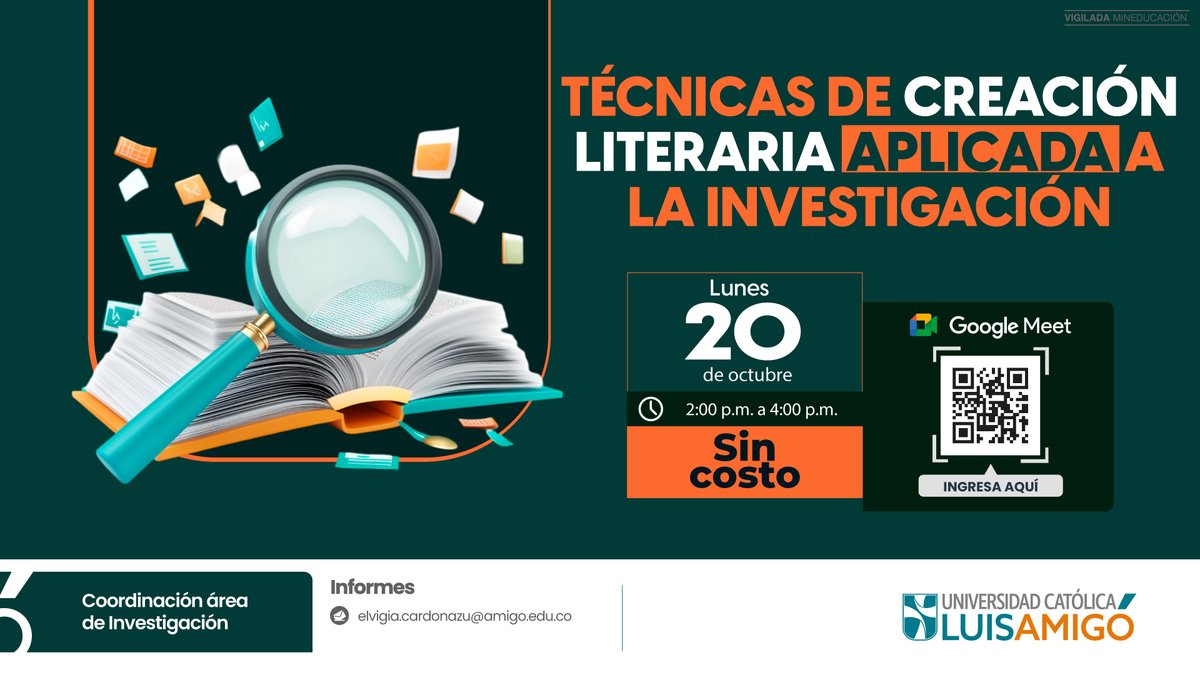 📖🔎 La investigación también se escribe con creatividad

Fortalece tus competencias en investigación sociojurídica con la conferencia:
✨ Técnicas de creación literaria aplicada a la investigación

👉Conéctate escaneando el código QR o en el enlace: meet.google.com/byh-sehc-ewm