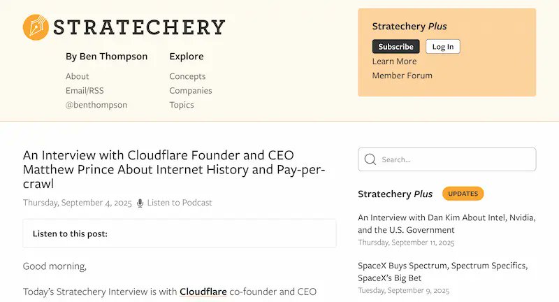 上周，Cloudflare创始人兼 CEO 马修·普林斯（Matthew Prince）接受访谈。

他说了一个全新的观点，互联网"流量为王"的时代就要结束了，AI将终结传统的“流量变现”互联网商业模式。

我觉得，他表达很完整，很有说服力，不愧是英语系和法学院的毕业生。我整理出来，分享给大家。ruanyifeng.com/blog/2025/09/w…