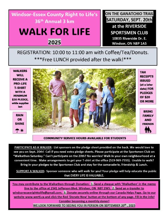WERTL2541's tweet photo. Join us for Windsor-Essex County Right to Life’s 36th Annual Walk for Life!  Happening Saturday, Sept. 20th, 2025 at the Riverside Sportsmen Club. Free lunch, community hours for students, and fun for the whole family! https://t.co/D7Aw2ejFT4