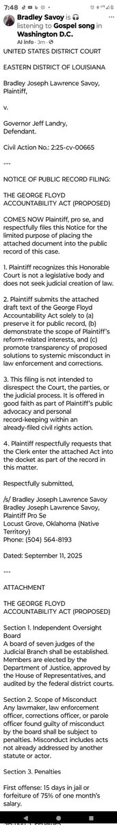 SavoyBradl84236's tweet image. 🕊️ FILED IN FEDERAL COURT

THE GEORGE FLOYD ACCOUNTABILITY ACT (PROPOSED)

Civil Action No. 2:25-cv-00665 | Savoy v. Landry

Independent oversight. Real penalties. Insurance for misconduct. Fines to victims.
Filed. Not begged.
#JusticeReform #PublicRecord #WalkOnWaterFoundation