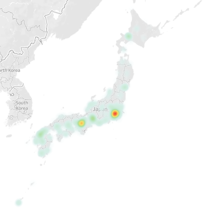 日本で臨床試験やってる施設のヒートマップ

（やっとここまでできた...！！！）
ソースはClinicalTrials.gov