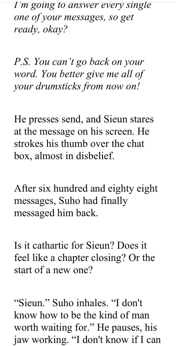 sieun sending suho hundreds of texts without knowing if he’d ever get a text back and finally receiving an answer after so long 😭😭 something has healed in me (and sieun)
