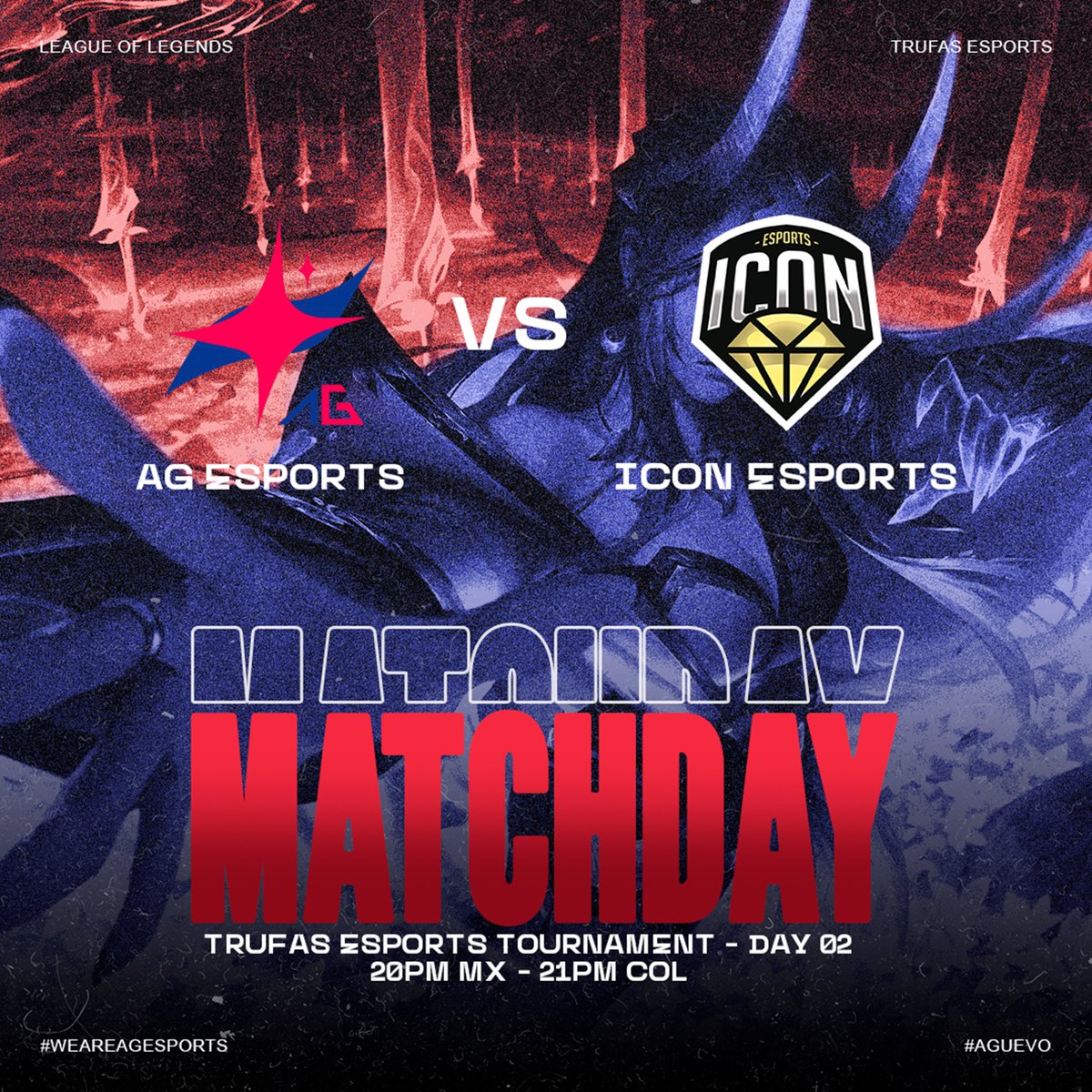 ¡Nuevo día, nuevos desafíos! ⚔️🔥 Volvemos al torneo <a href="/SomosTrufas/">Somos Trufas</a>. Hoy enfrentamos a <a href="/IconEsportsMX/">Icon Esports</a> 💎🕹️ Primer game 🕗 20PM MX | 21PM COL, BO1. ¡Acompáñanos en esta épica lucha por la victoria! 🏆💪🎮
#AgEsports #LeagueOfLegends #GanenMrd
