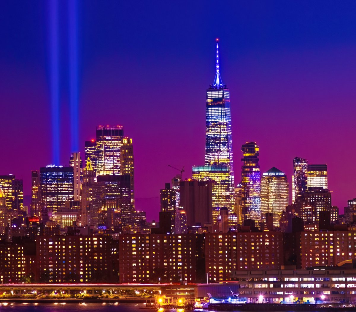 Tribute in Light touches the heavens above the World Trade Center tonight at twilight, as we join together to commemorate the 24th anniversary of 9/11. #NYC #NeverForget #NeverForget911 #September11 #NewYork