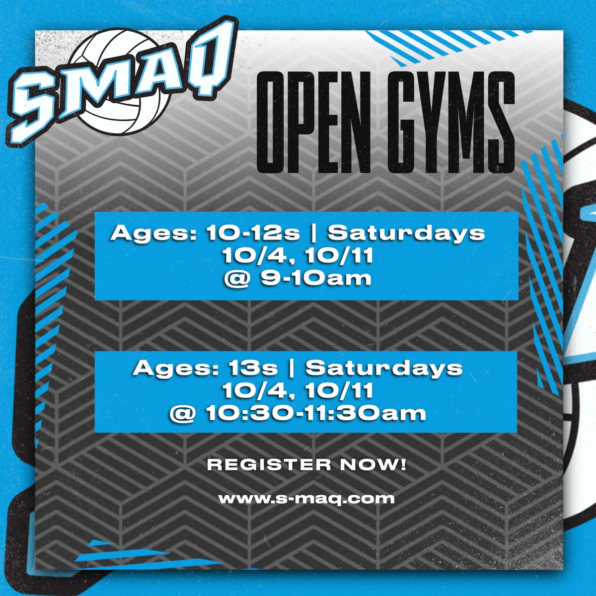 ‼️SAVE THE DATE‼️

SMAQ Fall 🏐 Open Gyms are AROUND THE CORNER &amp; OPEN to REGISTER!

Questions: smaqvolleyballclub@yahoo.com