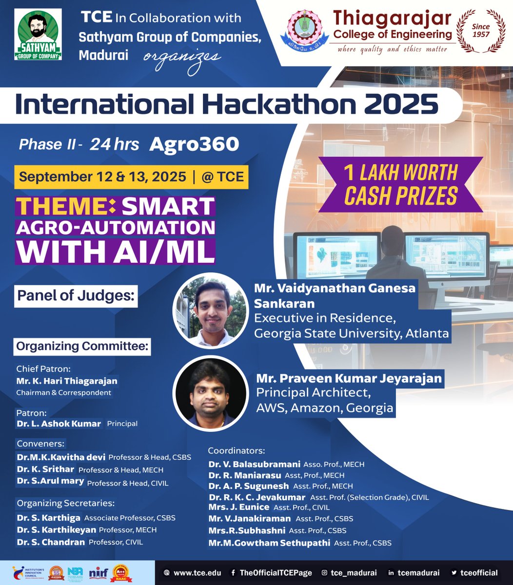 tceofficialpage's tweet photo. 🚀 Agro360 Int’l Hackathon 2025 – Phase II
📅 Sept 12–13 | ⏰ 24 Hrs | 📍 TCE
🌱 Theme: Smart Agro-Automation with AI/ML
💰 Prizes worth ₹1 Lakh
🤝 Organized by TCE & Sathyam Group
#Agro360 #Hackathon2025 #SmartAgro #TCE #AI #ML #Innovation https://t.co/G1I3JzaXUB