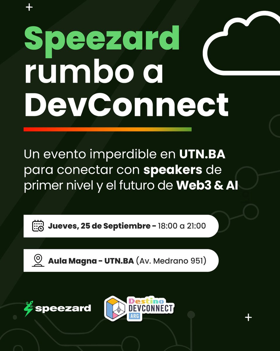 ¡Atención, builders y futuros emprendedores! 🚀
Speezard va rumbo a #DevConnect y te invita a un evento imperdible en la UTN.BA.

¿Querés arrancar tu proyecto #Web3 o potenciar el que ya tenés?