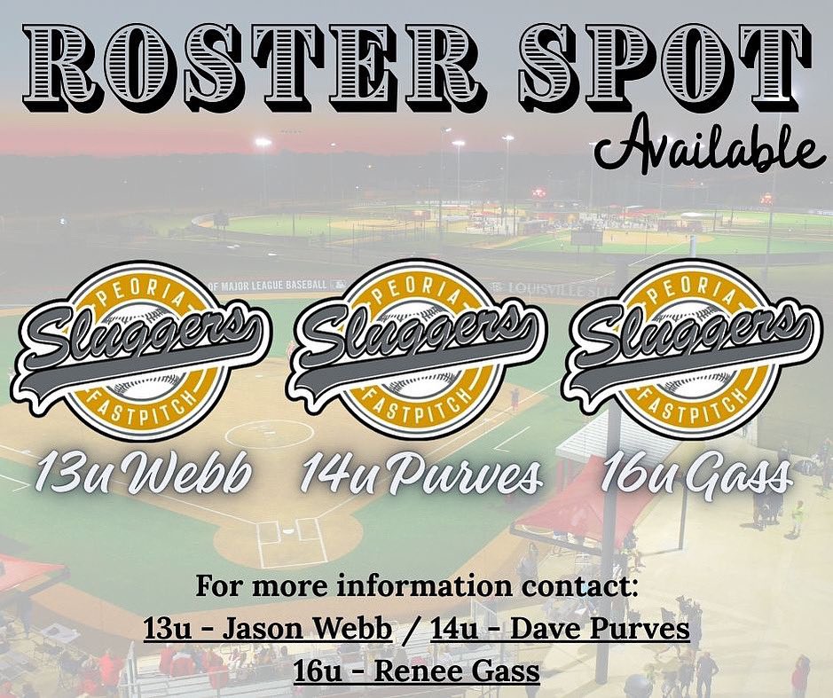Still haven’t found the right fit? These 3 quality teams are still interested in adding another player to their roster if it’s the right fit. Please contact: 13u- Jason Webb, 14u- David Purves and for 16s- Renee Enos Gass
#PeoriaSluggerPride #PeoriaSluggersFastpitch