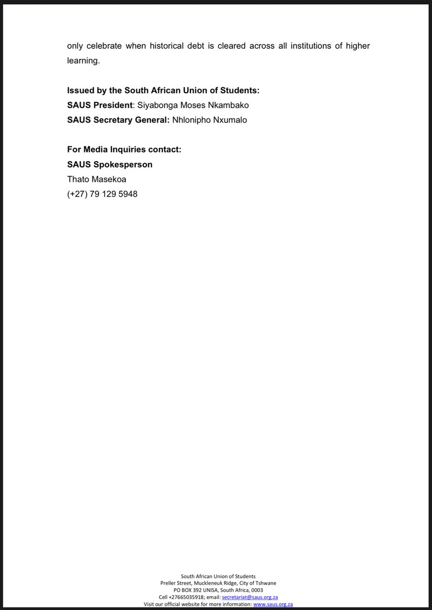 SOUTH AFRICAN UNION OF STUDENTS (SAUS) WELCOMES THE WITHDRAWAL OF THE PROPOSED AMMENDMENTS TO LIST STUDENT DEBT WITH CREDIT BUREAUS