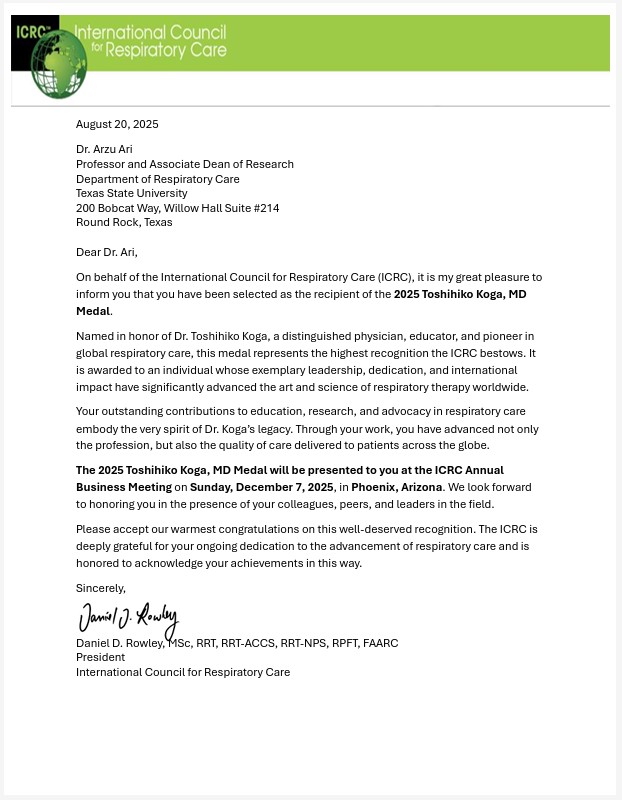 I’m deeply honored to receive the Koga Medal from the International Council for Respiratory Care - including 35 country representatives. ICRC’s unanimous decision humbles me. This award reflects the guidance &amp; inspiration I’ve received from colleagues throughout my journey. #txst