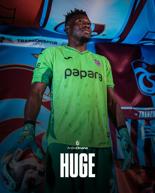 Andre Onana wearing a green Trabzonspor soccer jersey with "papar" text on the chest. He has green gloves and stands in front of a backdrop with Trabzonspor colors and logos, including "TRABZONSPOR" text. The jersey has the number 16 on it.
