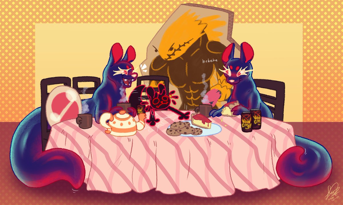 cursedlay's tweet image. A completely normal tea party🐈‍⬛☕️

Commission for @MusicAtPrime, thank you so much again dude! ^^ 
#rainworld #rainworldfanart