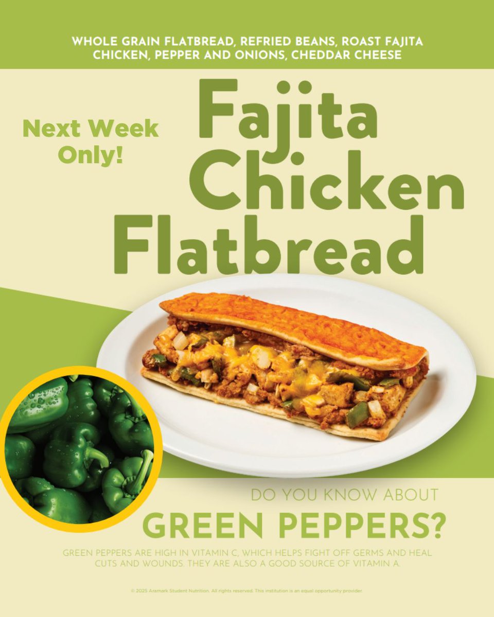 Mark your calendars! Our September Limited Time Offer is coming next week: The Fajita Chicken Flatbread 🔥🫑
Middle Schools: September 15–19
Elementary Schools: September 18
Put it on your calendars!
*Alternative entrees will be offered