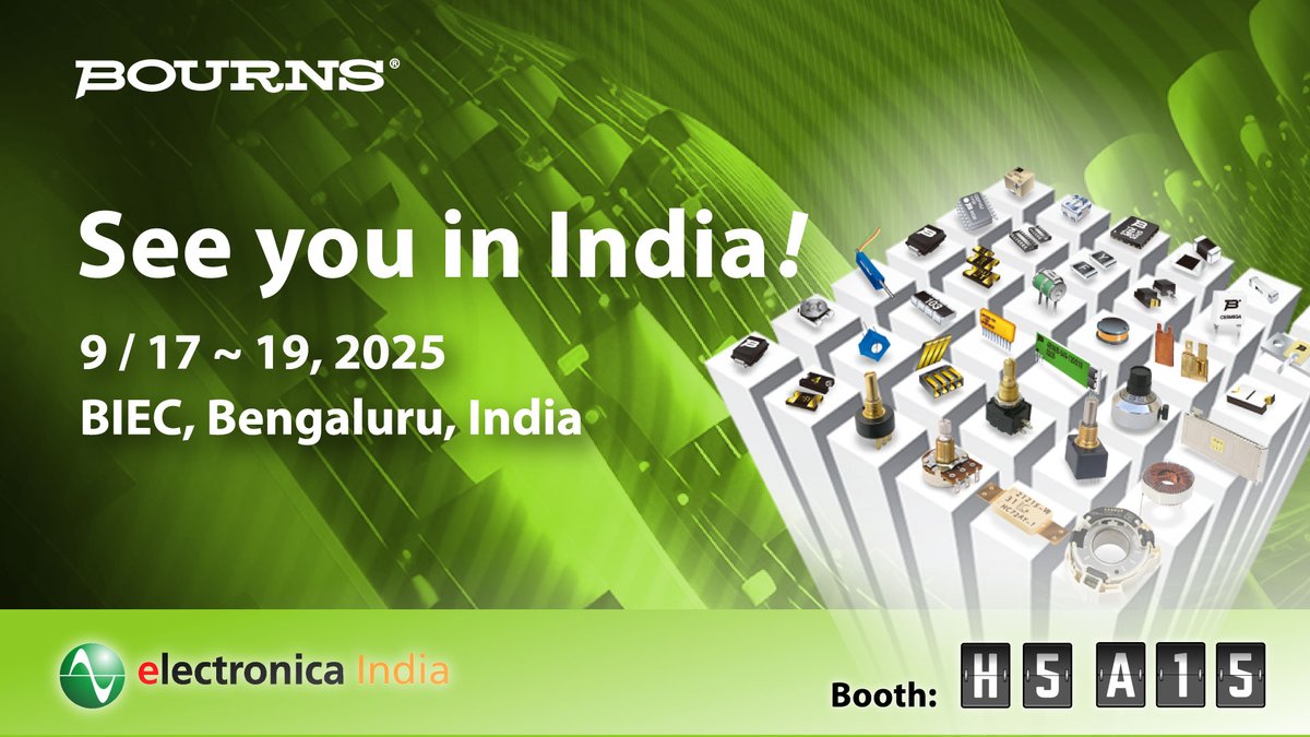 Bourns's tweet image. See you in India! 🇮🇳 Bourns is at Electronica India, Sept 17-19 in Bengaluru! Visit us at Booth H5A15 to explore our latest tech. What design challenges are you facing? Let&apos;s chat! bourns.co/4npA6nn #ElectronicaIndia #Bourns