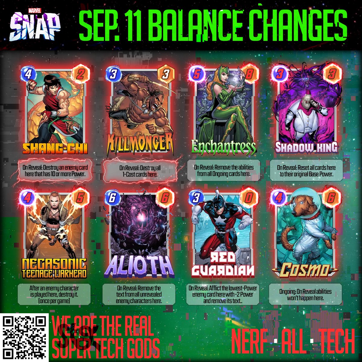 SuperTechGod's tweet image. OTAs just dropped and WOW… the tech gods went full throttle! 
⚡ Every tech card CHANGED! 
SYSTEM. HACKED. GAME. CHANGED. 
🔥 Drop your thoughts below 👇🏾 and one lucky winner gets this season’s Battle Pass! 🎁 #MarvelSnap #OTAs