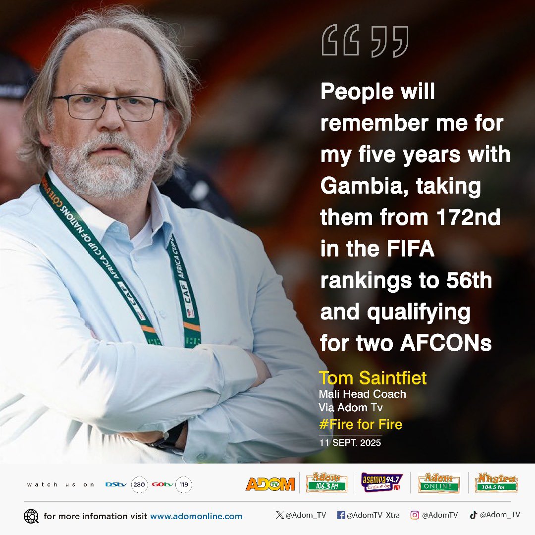 KOBBY__STONNE's tweet image. Mali coach Tom Saintfiet speaks from the heart ambition over money, commitment over excuses and one clear mission: qualify for the 2026 World Cup. 

Catch the exclusive interview with Kobby Stonne on #FireForFire — replay tonight at 10:00 PM on Adom TV. 📺🔥