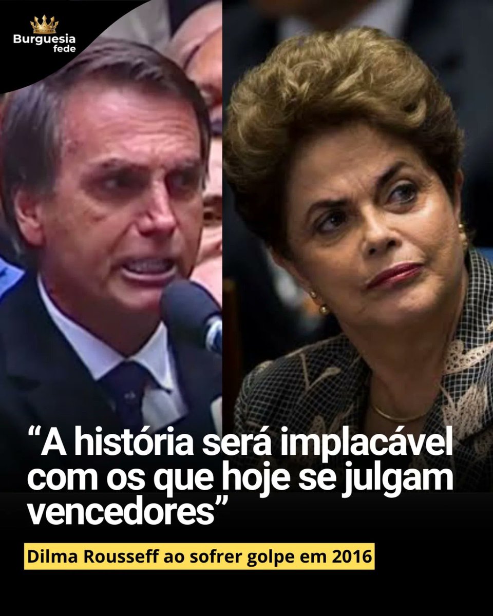 “A HISTÓRIA SERÁ IMPLACÁVEL COM OS QUE HOJE SE JULGAM VENCEDORES.”
— Dilma Rousseff, após o golpe parlamentar de 2016.

E aqui estamos, menos de uma década depois, vendo a história cobrar a conta dos golpistas.

GRANDE DIA
BOLSONARO CONDENADO
BOLSONARO PRESO
VIVA A DEMOCRACIA