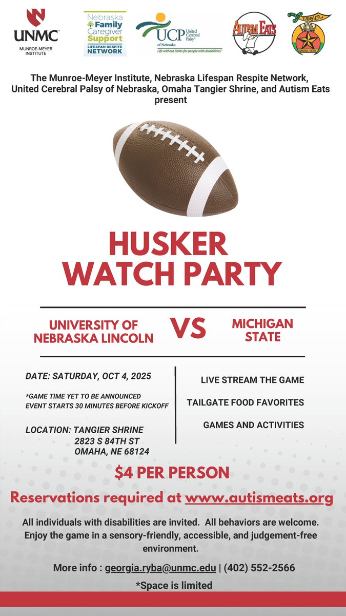 🏈🎉 Sensory-friendly HUSKER WATCH PARTY! 🎉🏈
📅 Sat, Oct 4, 2025 | Tangier Shrine, Omaha
⏰ Starts 30 min before kickoff (time TBA)
🍔 Tailgate food • 📺 Live stream • 🎲 Games
💲 $4/person – Space is limited!

All abilities welcome. #GBR

👉 Reserve: autismeats.org
