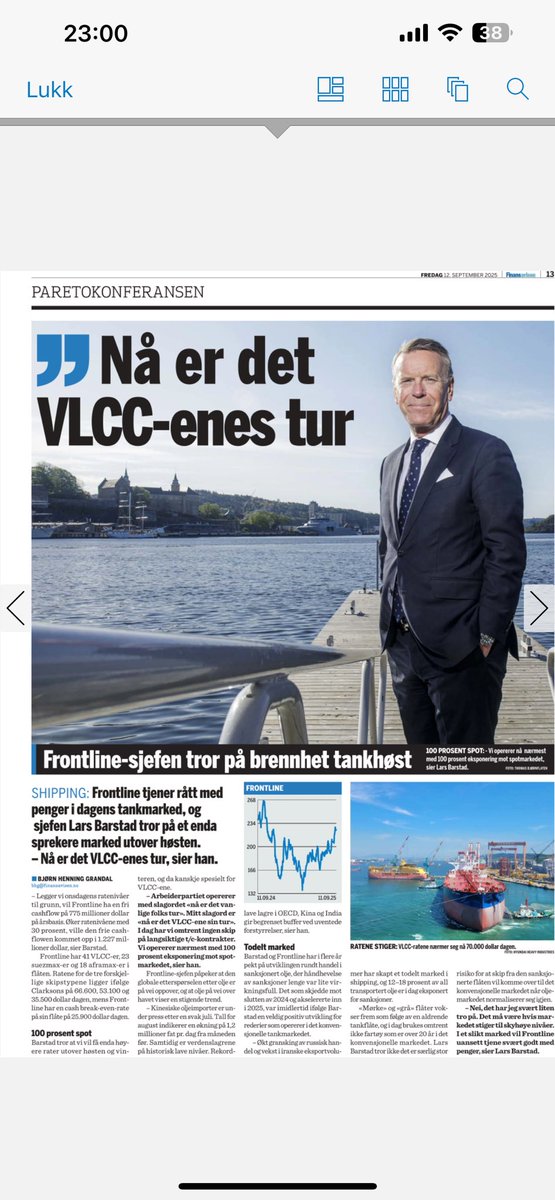 $FRO #tankers 
I think even the none-vikings get the message😊⚓️🤑
“Frontline is raking in profits in today’s tanker market, and CEO Lars Barstad expects an even stronger market this fall. ‘Now it’s the VLCCs’ turn,’ he says.”