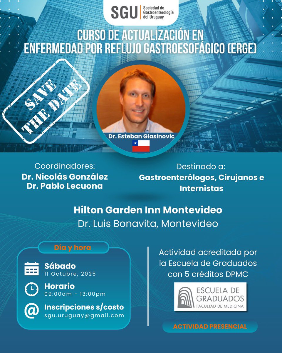 ¡No te pierdas el Curso de Actualización en Enfermedad por Reflujo Gastroesofágico (ERGE)!
Inscripciones abiertas.
#ERGE #Gastroenterología #Cirugía #MedicinaInterna #ActualizaciónMédica #Montevideo #Uruguay
