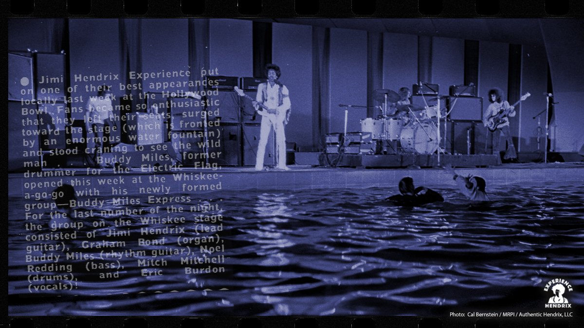 On September 14, 1968 The Jimi Hendrix Experience headlined at the Hollywood Bowl. During the show several fans jumped into the pool separating the audience and stage causing concern about Jimi being electrocuted from splashing waters.  #JimiHendrix #HollywoodBowl #Hollywood