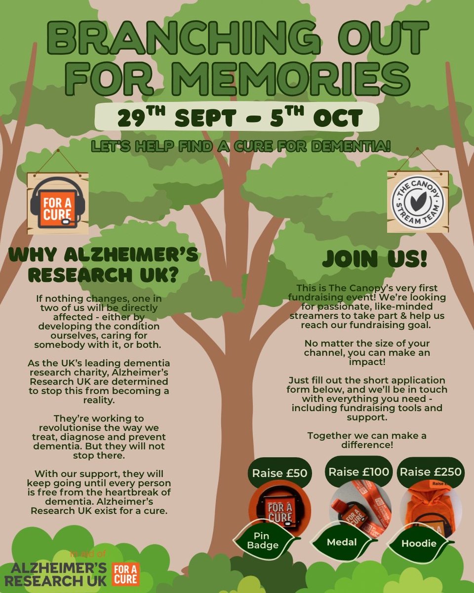 🌿The Canopy is still recruiting for our upcoming charity campaign for <a href="/AlzResearchUK/">Alzheimer's Research UK</a>! 
We've had some fantastic streamers sign up so far! Come join them and let's help find a cure for dementia together!🧡
Fill in the short form here👉forms.gle/HeW86K1egEL42a…