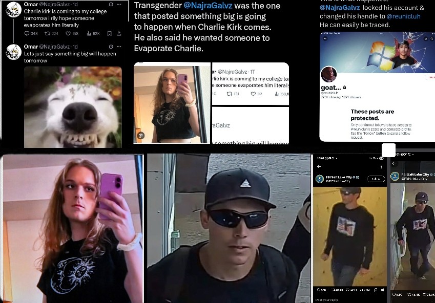 early4lph4's tweet photo. So the @charliekirk11 shooter was "Trans", who would have guessed🥴

SO, the shooter posted about the shooting in a coy way the day before under the handle @NajraGalvz, then after the shooting changed his handle to @reunicluh then protected the posts. LOOK AT TGE RESEMBLANCE. https://t.co/Pb8iXoQM5a
