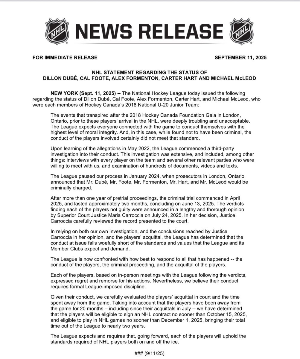 #NHL rules that the five former players who were acquitted in the 2018 Team Canada sexual assault trial will be permitted to sign contracts no sooner than Oct. 15 and not to play games before Dec. 1.