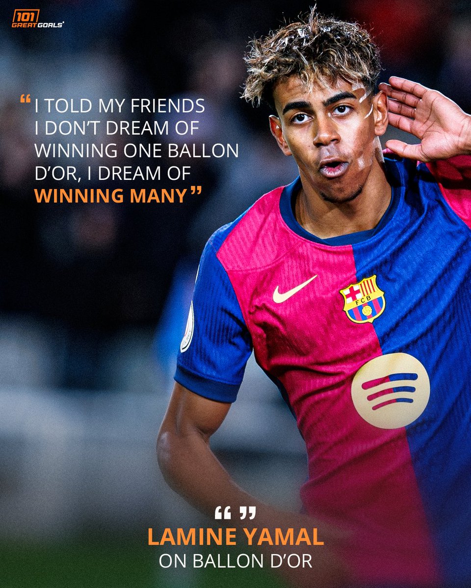 Barcelona star Lamine Yamal hopes to win Ballon d’Or multiple times 🏆🏆

Yamal admitted it is his goal to win the Ballon d’Or multiple times and said it will be his own fault if he never gets to lift the coveted prize in his career.